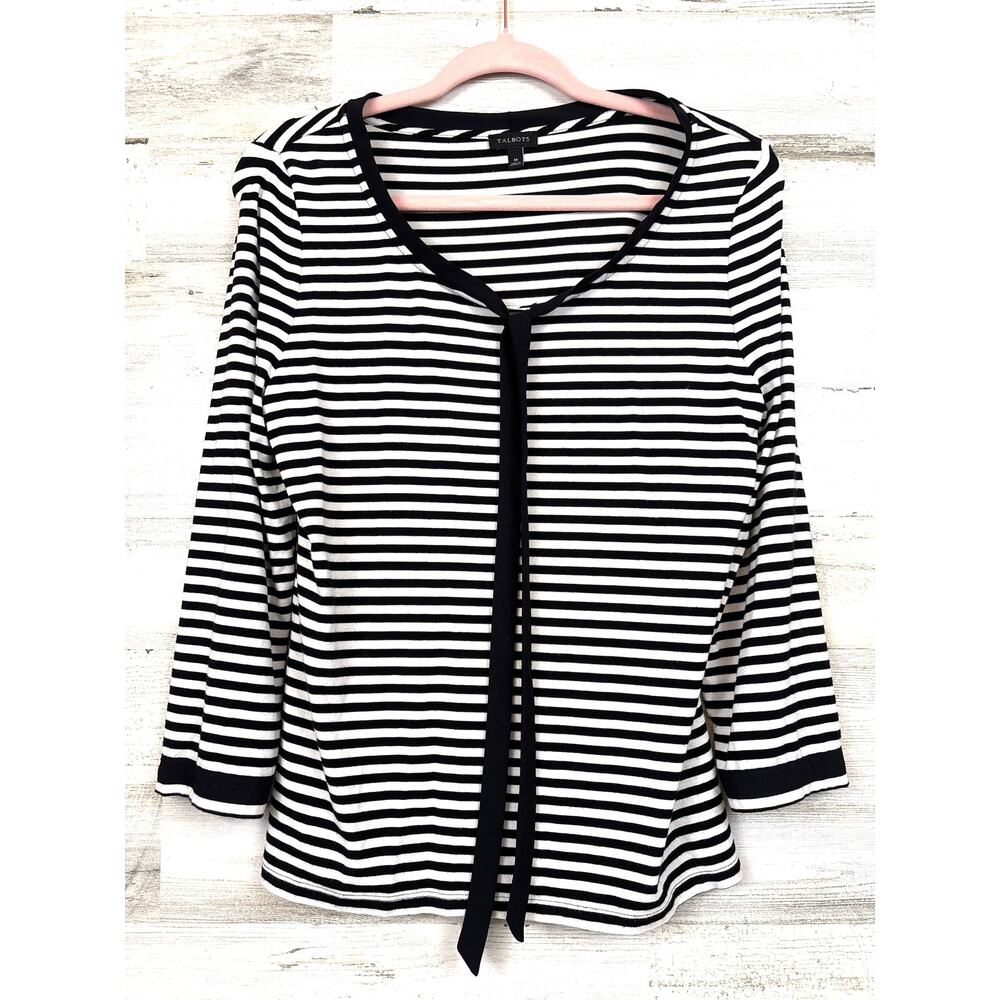 Talbots Womens M Black White Stripe Ribbon Tie Knit 3/4 Sleeve Casual Blouse